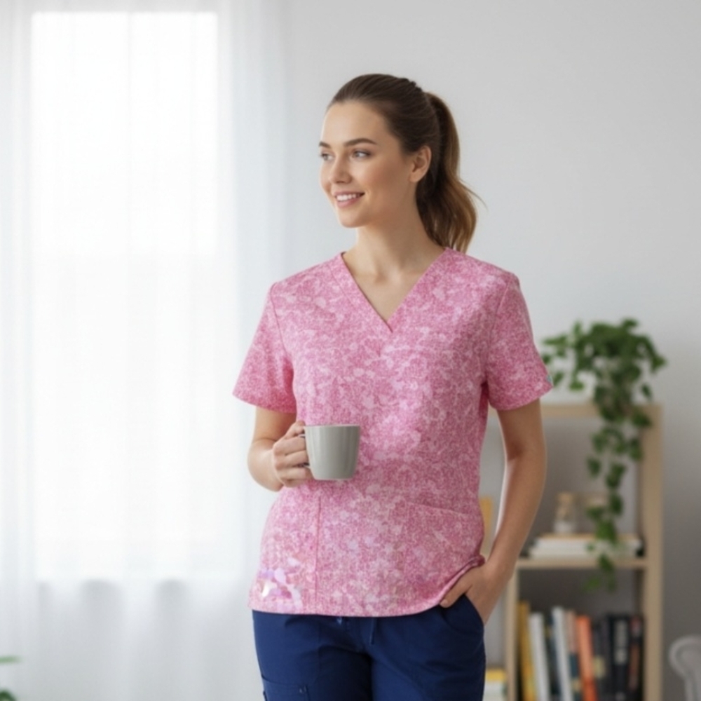 Butter Soft Floral Pink Short Sleeve Scrubs Top Small